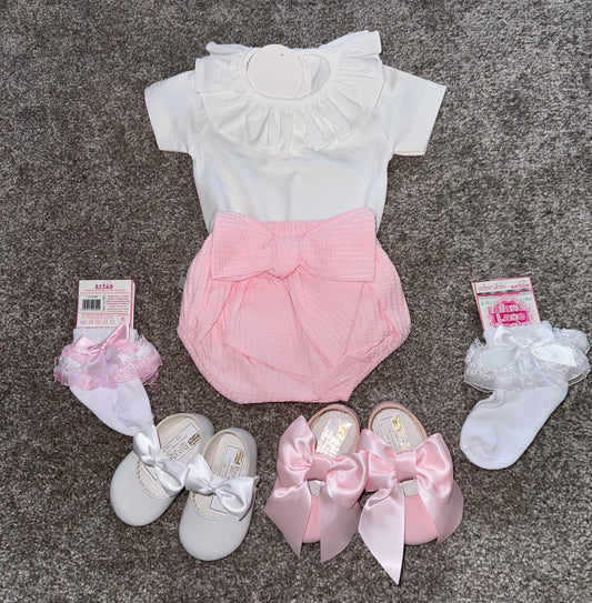 Baby girls frilly vest and pink bow jam pant set