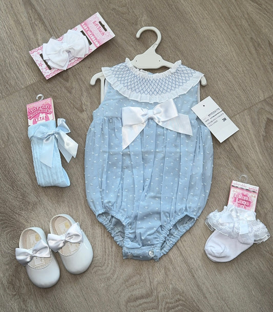 Blue and white smocked romper