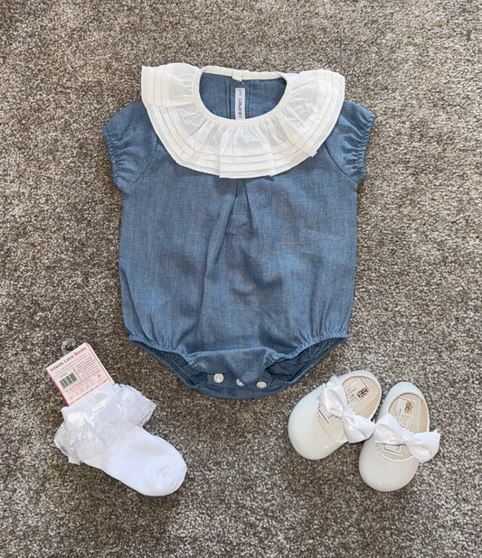 blue romper with white frill collar