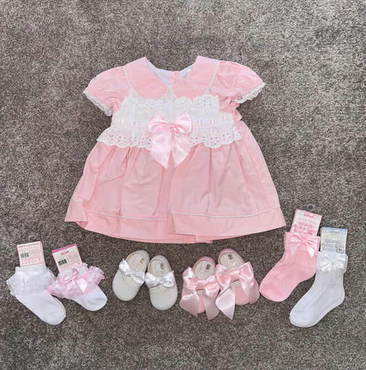 Pink lace and bow detail puffball dress