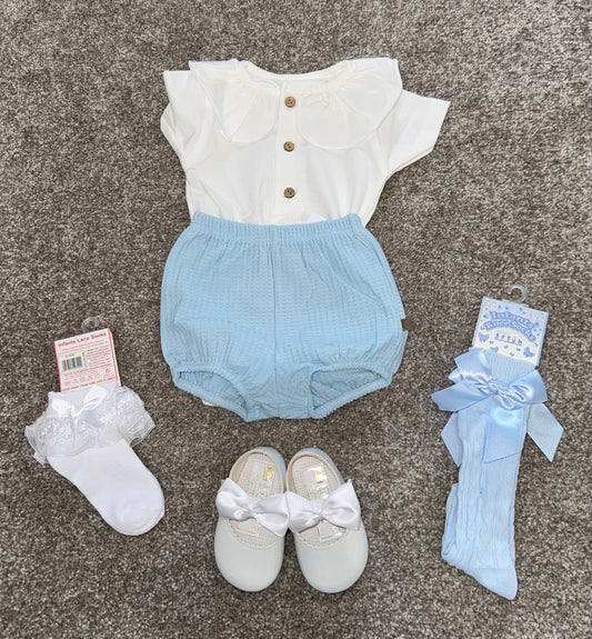 Baby girls Peter frilly collar vest with blue jam pants