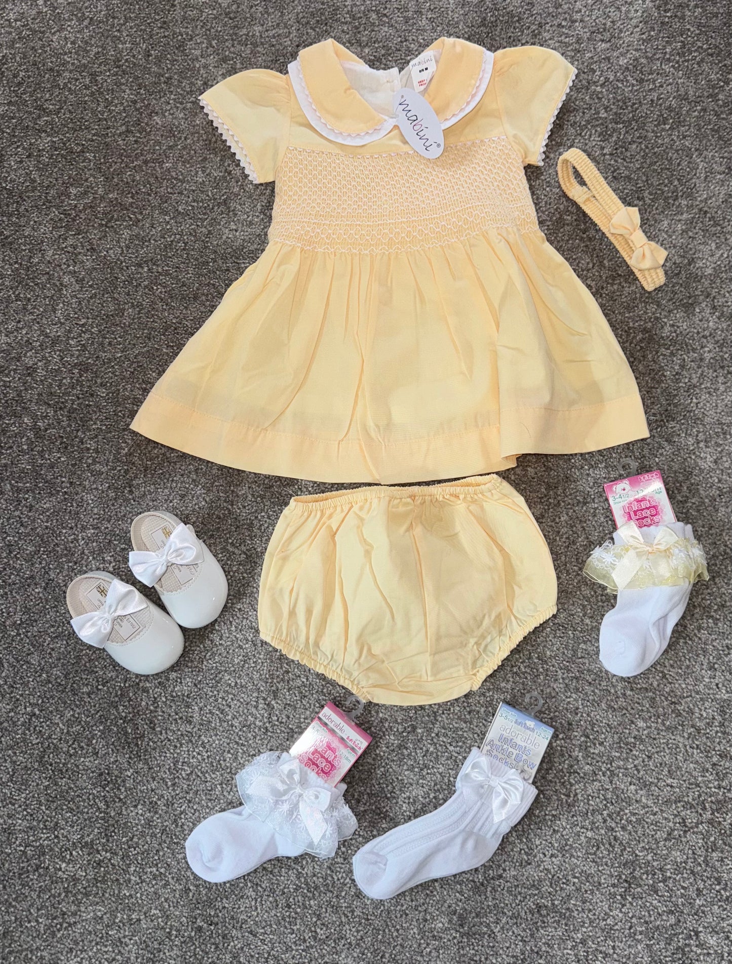Baby girls lemon smocked dress, pants and headband