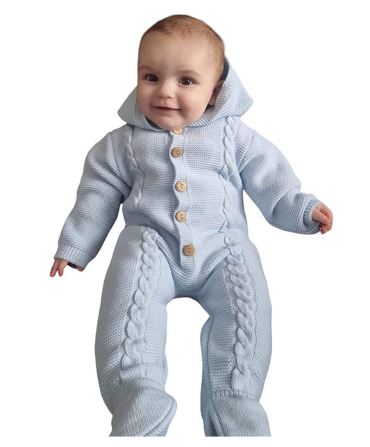 Baby boys blue knitted pram suit