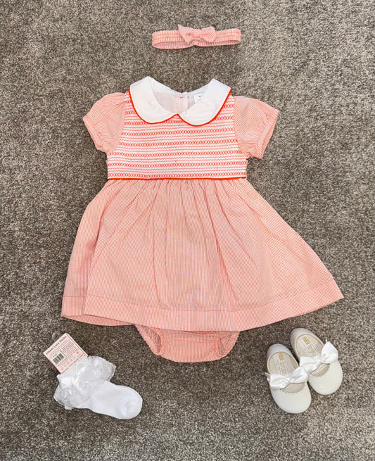 Baby girls orange stripe smocked dress, pants and headband