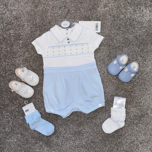 baby boys white/ blue smocked romper