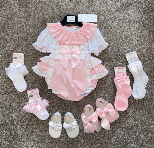 Pink girls frilly bow romper