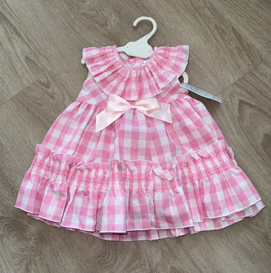Girls pink gingham smocked puff ball