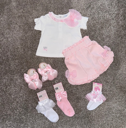 Baby girls white and pink bow short set