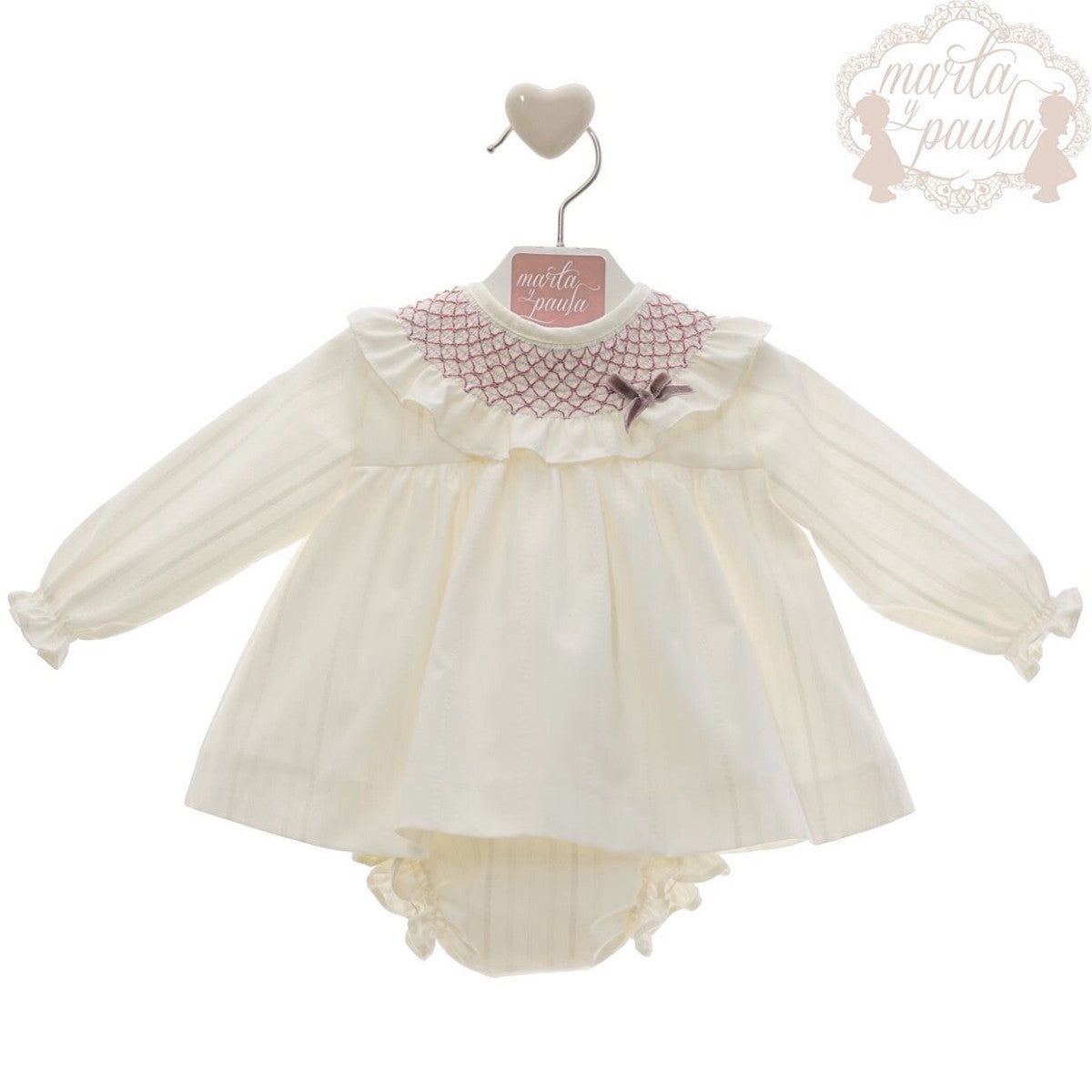 Cream and pink smocked dress and pants