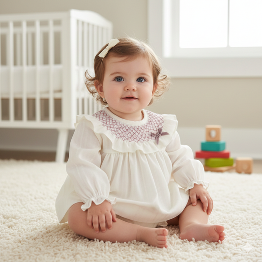 Cream and pink smocked dress and pants