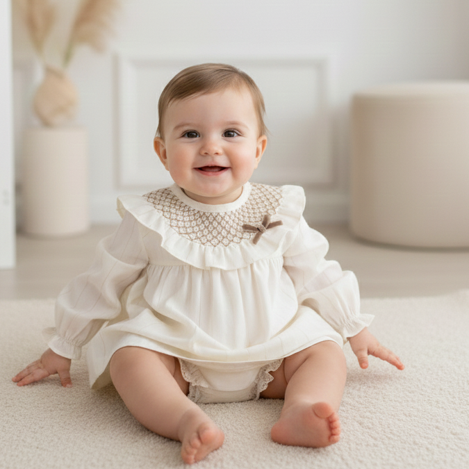 Cream and camel smocked dress and pants