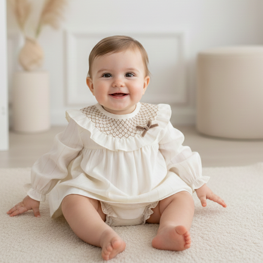 Cream and camel smocked dress and pants
