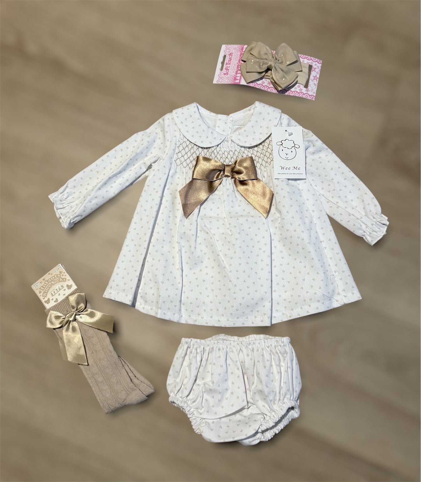 Wee mee white/ camel smocked aline dress and pants set
