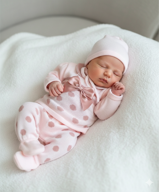 Baby girls pink polka dot knitted 3 piece set