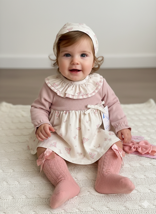 Baby girls pink and cream floral 3 piece set