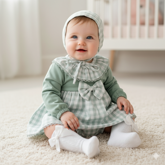 Baby girls sage green gingham 3 piece dress set