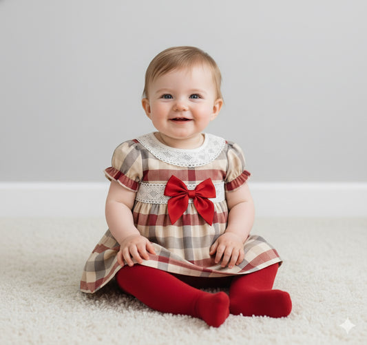 Baby girls camel and red checked dress with red bow
