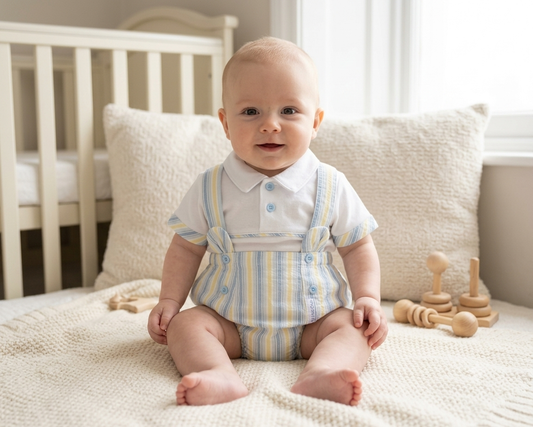 Baby boys blue and yellow stripe romper set