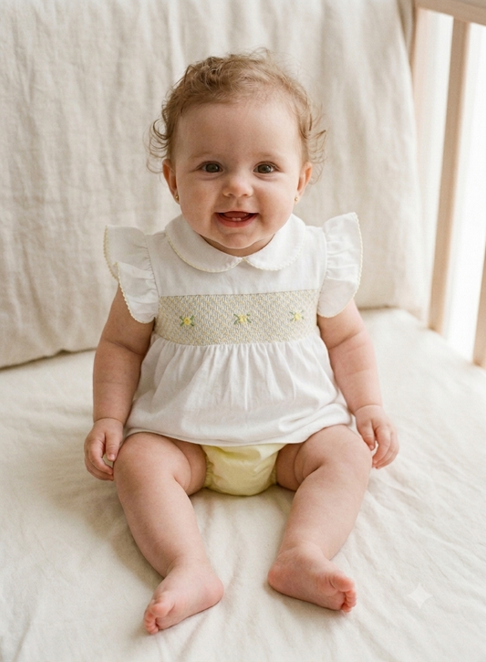 Baby girls lemon and white smocked jam set