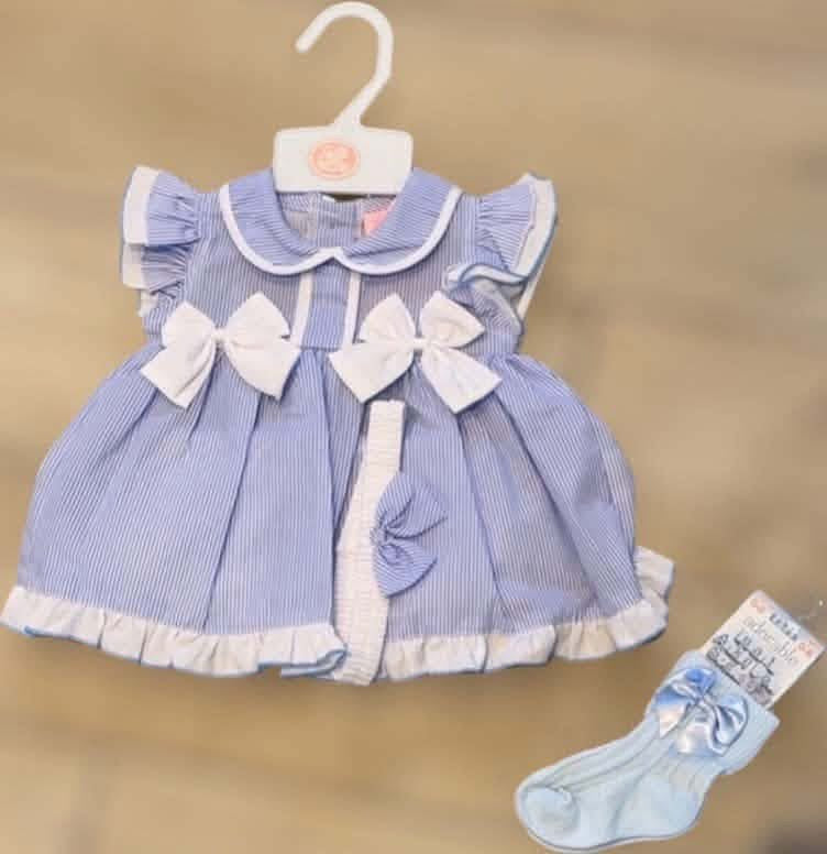 Baby girls blue dress with double bow